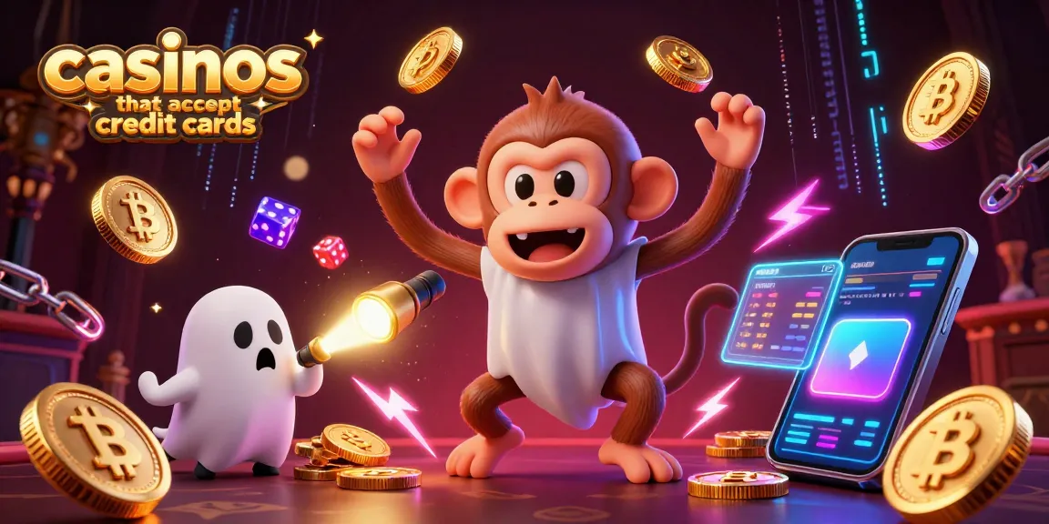 Casinos that accept credit cards featuring a playful monkey and a ghost-hunter puppy in a haunted casino.