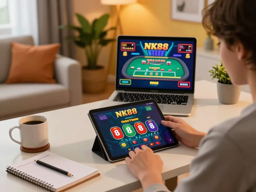 Play the NK88 casino app on a tablet in a stylish home gaming setup.