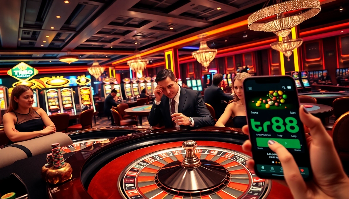 Players engaging in exciting casino games at tr88, showcasing lively roulette and poker tables.