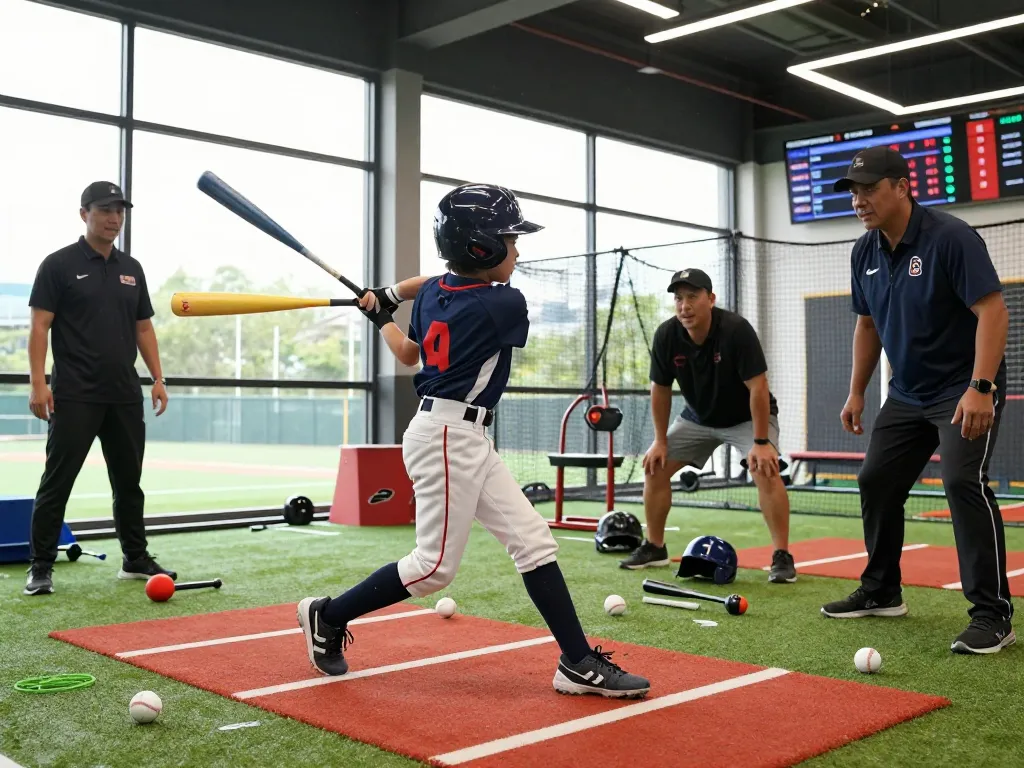 Hit club baseball athlete training in dynamic indoor environment, showcasing dedication and high-tech equipment.