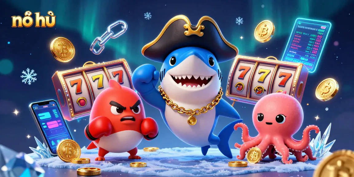 Experience thrilling nổ hũ games with a pirate shark and friends amidst vibrant slot elements.