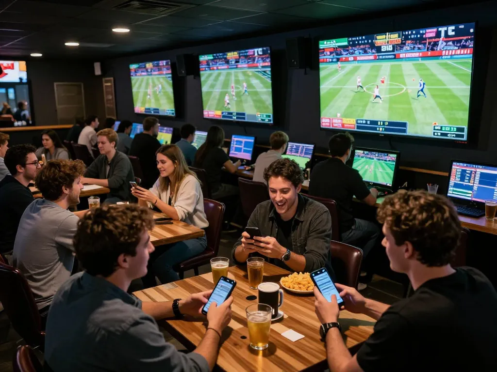 Sports betting excitement with patrons reviewing soi keo nha cai odds in a lively atmosphere
