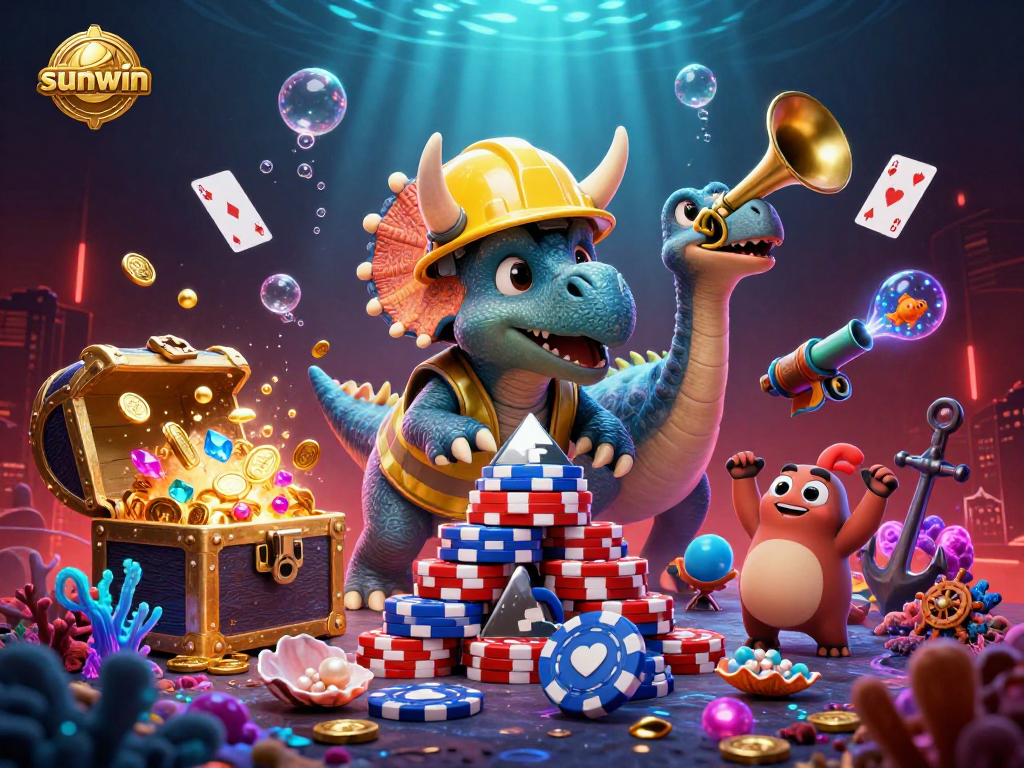 Engage in exciting gameplay at sunwin with cartoon dinosaurs celebrating over poker chips