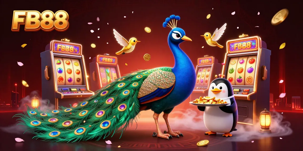 Engage with FB88 in an action-packed casino scene featuring a vibrant peacock and animated slot machines.