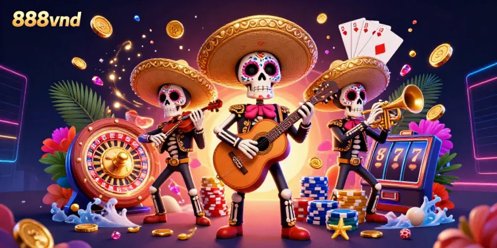Experience the vibrant and lively atmosphere at 888vnd with the thrilling mariachi band and dazzling casino elements.