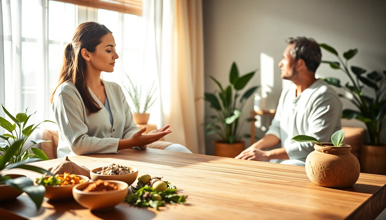 Engaging Ayurveda Consultation with a practitioner and client, surrounded by natural elements.