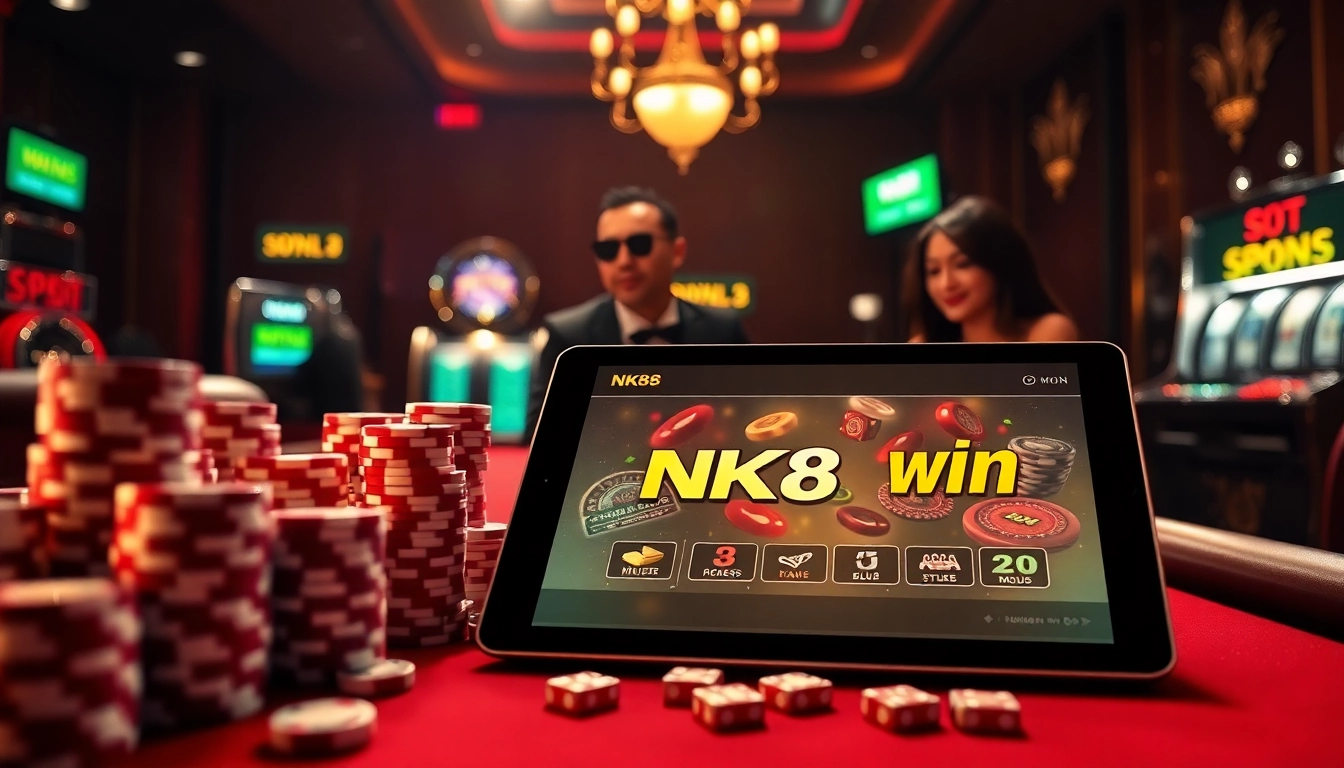 Experience NK88 win with a vibrant gaming scene featuring casino tables, joyful players, and slot machines for excitement.