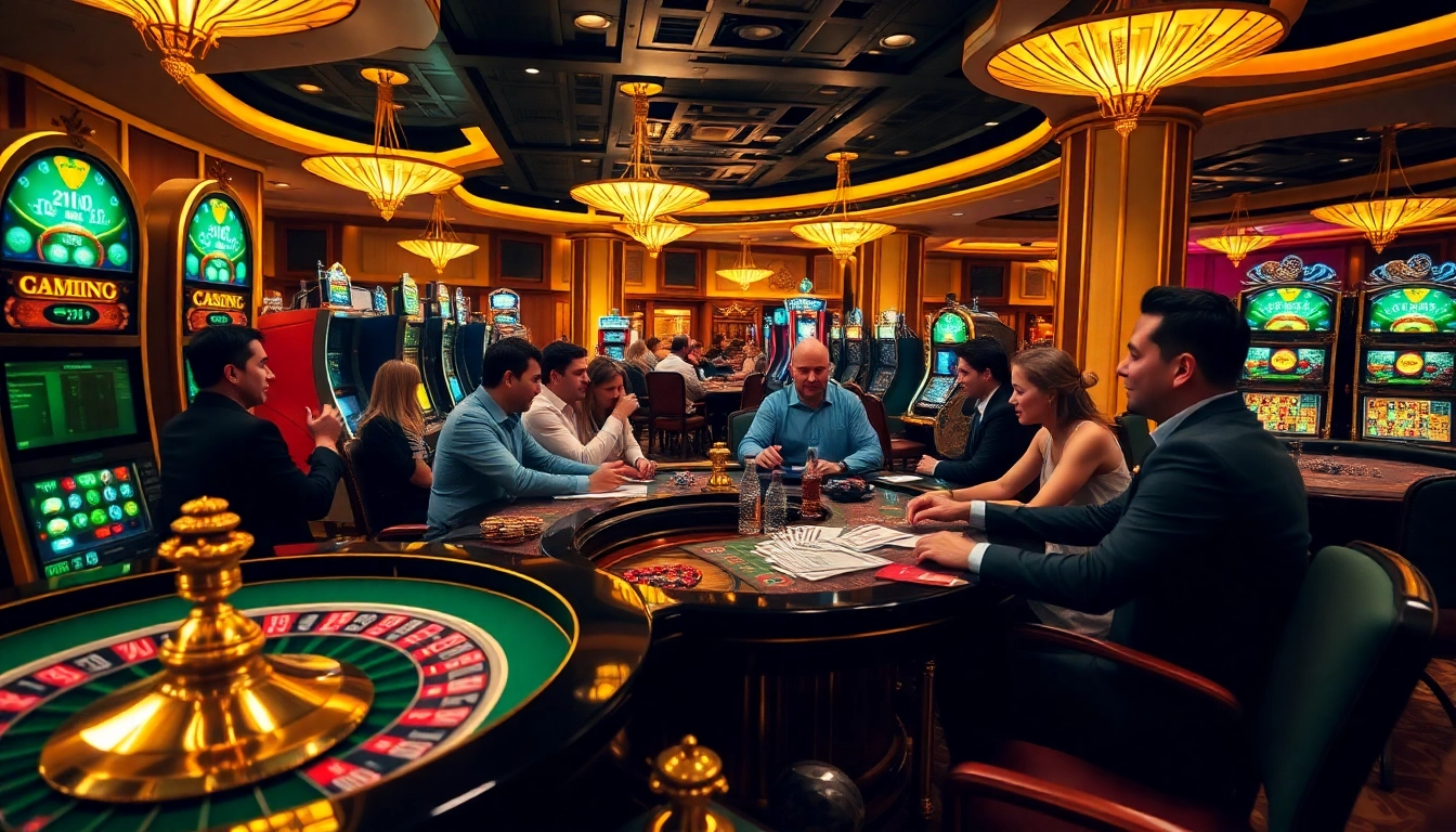 Players enjoying games at https://789fcom.asia/, showcasing poker chips and roulette wheels in a vibrant casino atmosphere.