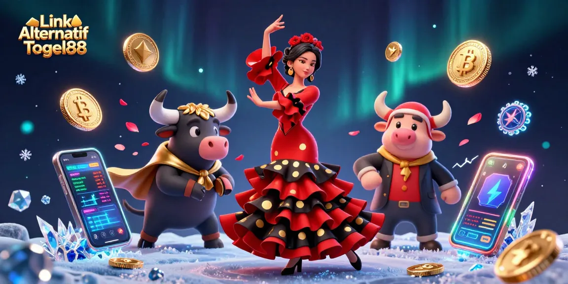Engage with Link Alternatif Togel88 featuring vibrant 3D elements of a flamenco dancer, cryptocurrency themes, and casino excitement.
