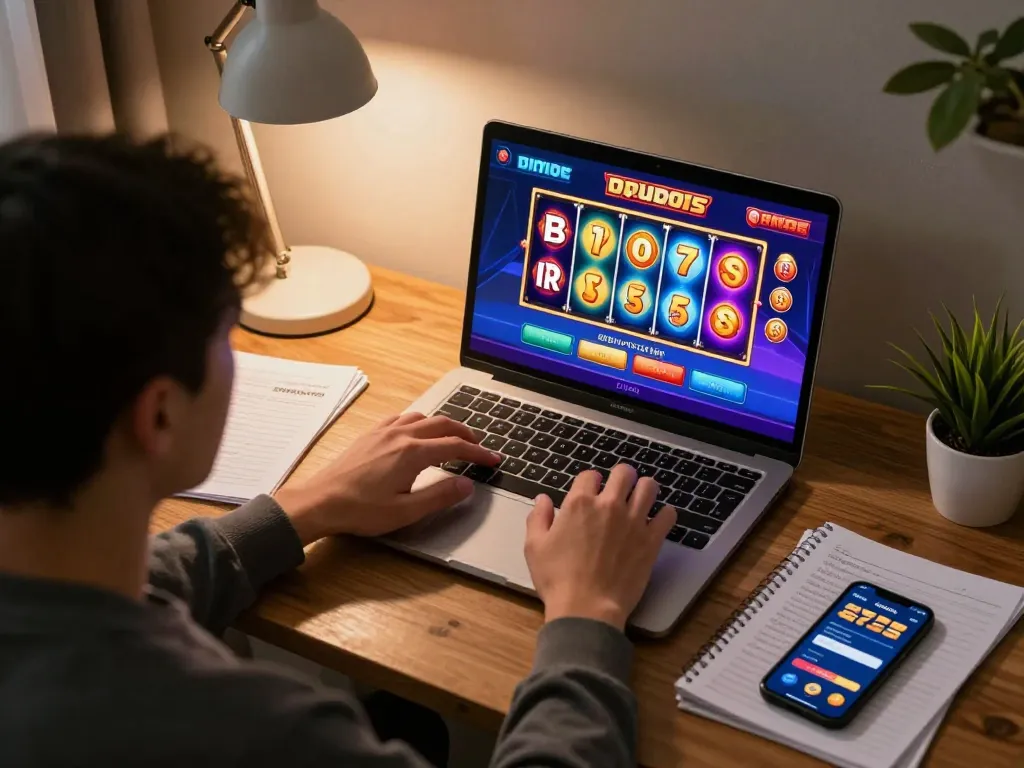 Situs slot gaming session captured with close-up of colorful reels on screen, highlighting a player's strategic gameplay.