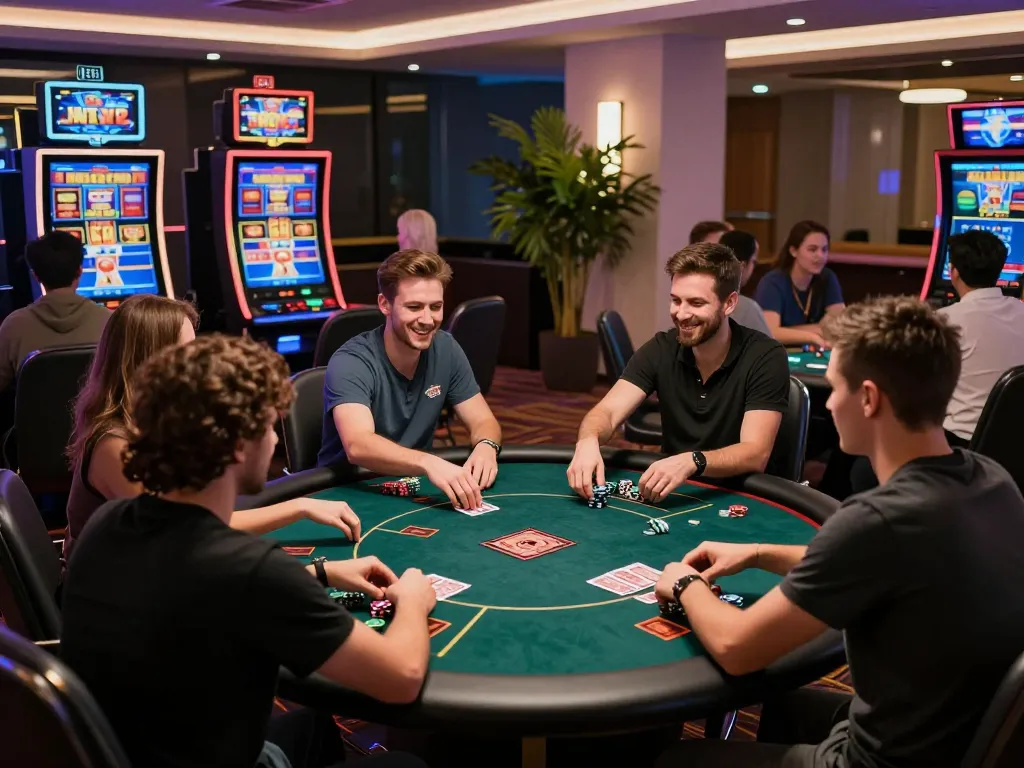 Engaging gaming scene featuring nk88 online casino interactions with players at stylish tables, vibrant atmosphere.