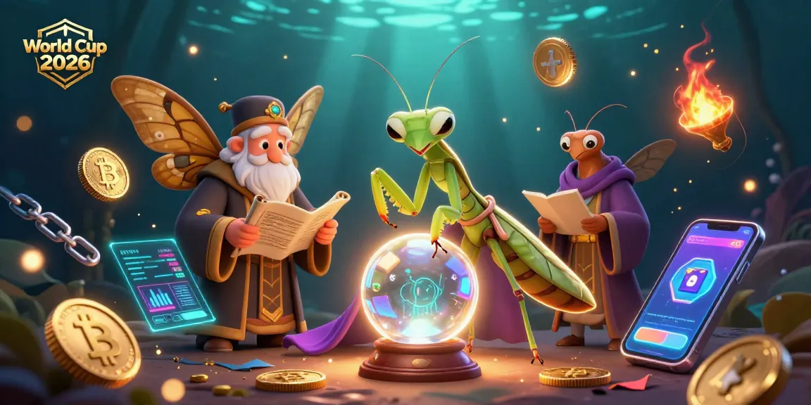 Experience the magic of World Cup 2026 with a whimsical scene featuring cartoon fortune tellers amidst digital gambling elements.