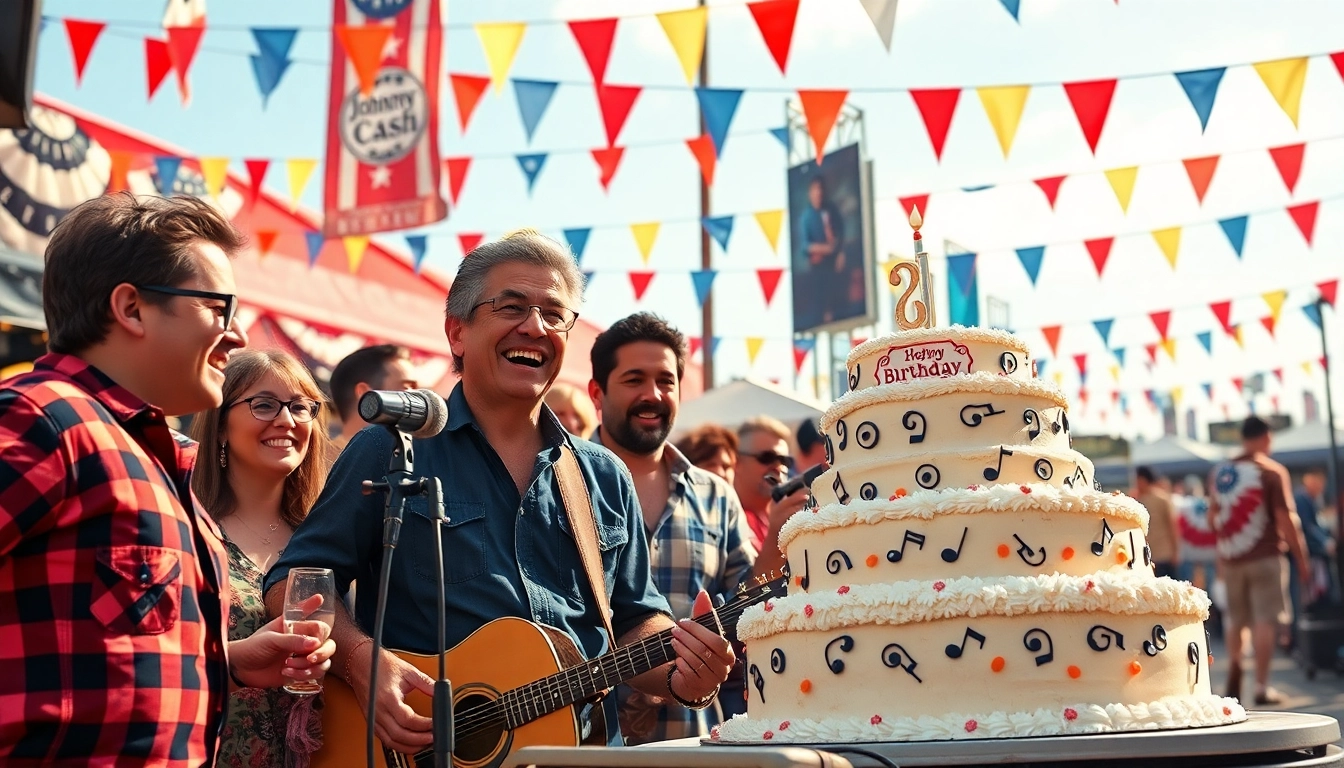 Celebration at johnnycashbirthday.com featuring live music, fans enjoying the atmosphere.