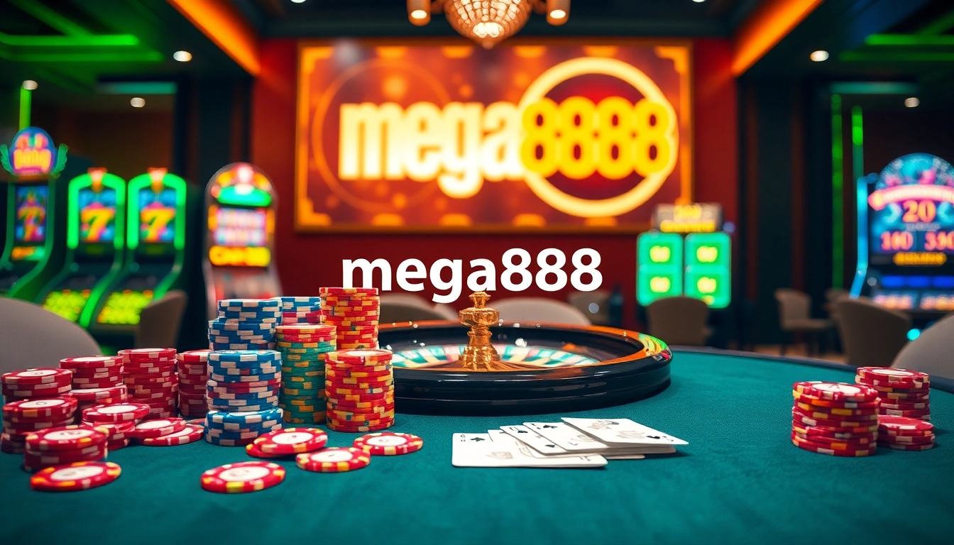 Experience the thrill of mega888 at a luxurious casino with vibrant poker chips and roulette.