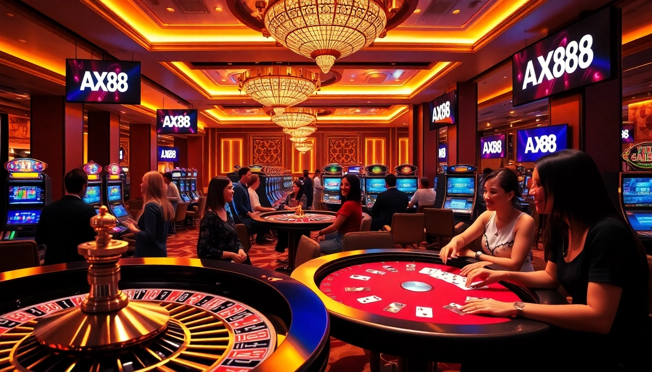 Engaging players winning big at the AX88 casino with vibrant slot machines and roulette.