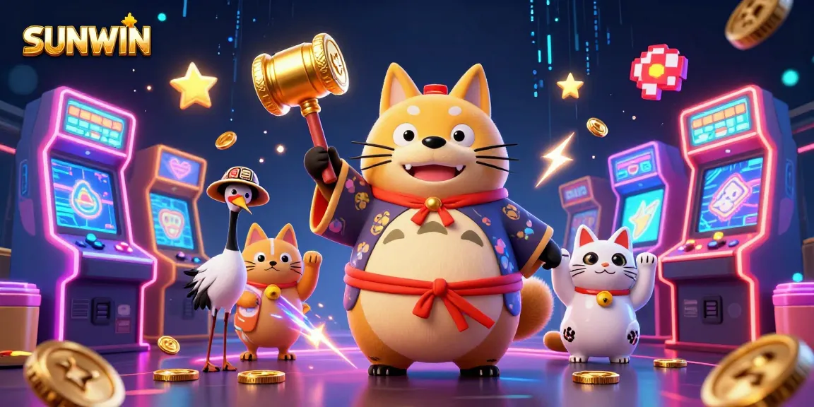 Experience SUNWIN's vibrant casino adventure with cheerful tanuki, lucky symbols, and glowing games.