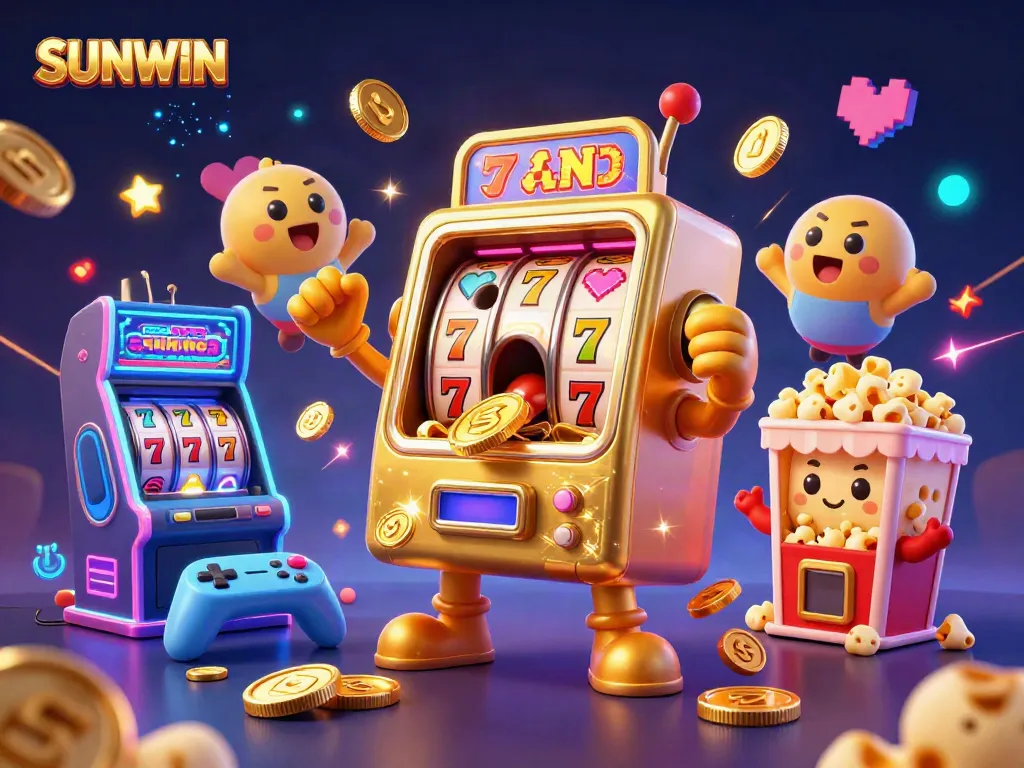 SUNWIN's golden slot machine hitting a jackpot, surrounded by cheering baby slot machines and arcade game elements.