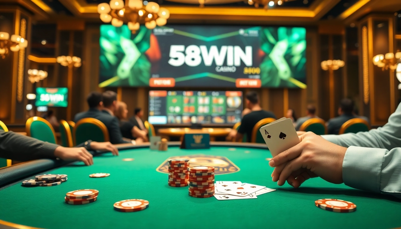 Players enjoy high-stakes poker at 58WIN's elegant table amidst vibrant casino lights.