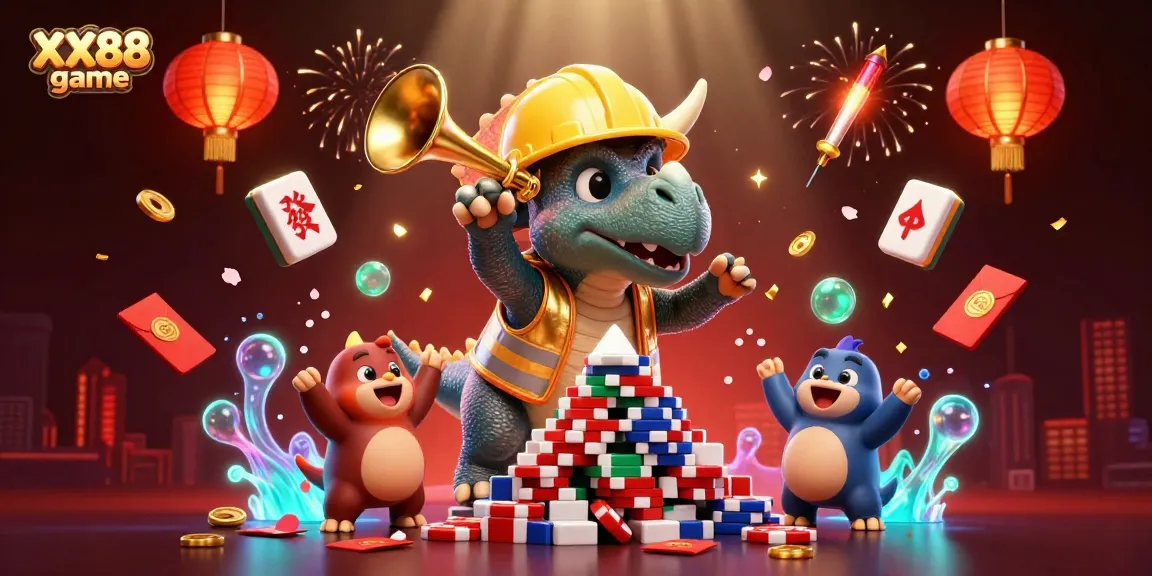 Experience the excitement of the XX88 game with a triceratops crafting poker chips and vibrant celebratory elements.