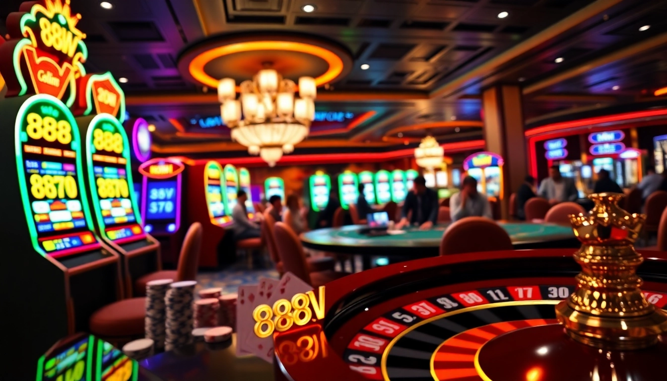 Players enjoying thrilling games at 888VI casino with vibrant slot machines and poker tables.