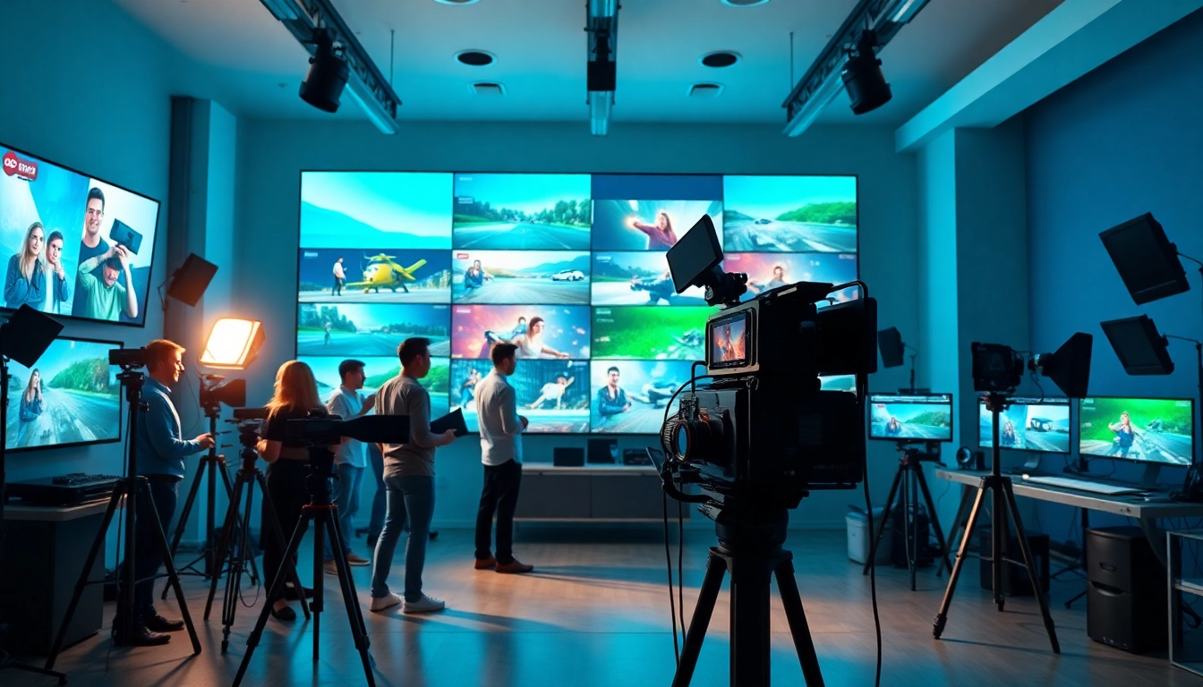 Video production agency team collaborating in a modern studio with advanced equipment.