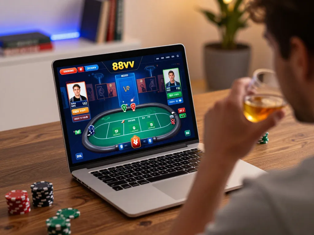 Engaged player enjoying online poker at 88vv with vibrant lighting in a cozy setup.