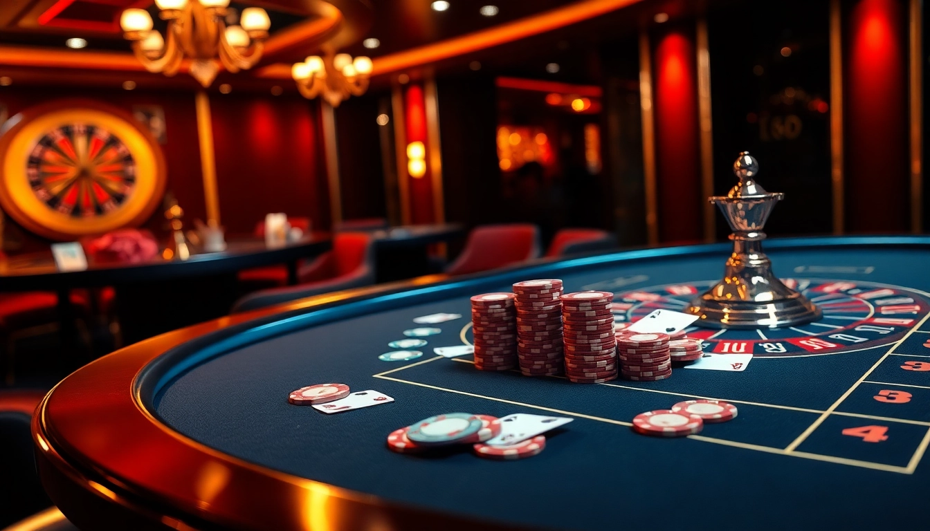 Experience the thrill of 'trang cá cược uy tín' at a luxury poker table with vibrant chips and a spinning roulette wheel.