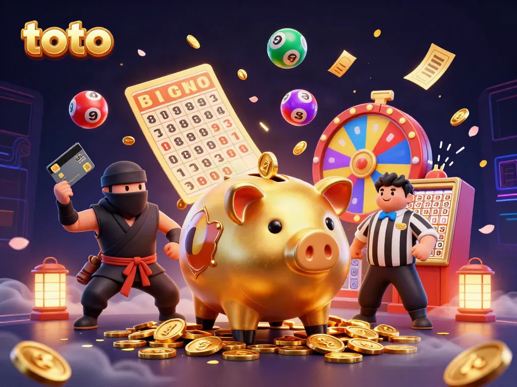 Toto-inspired casino illustration featuring a sumo wrestler piggy bank and a ninja, surrounded by dynamic lottery elements