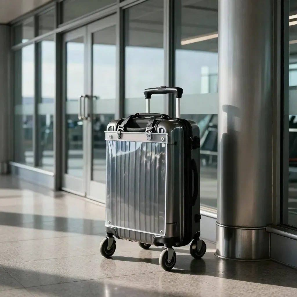 Airport trolley with clear pickup sleeve, suitcase handle, steel columns and floor reflections
