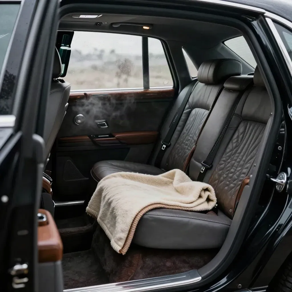 Black executive saloon rear cabin at curbside with quilted leather, blanket and chilled bottle cradle.