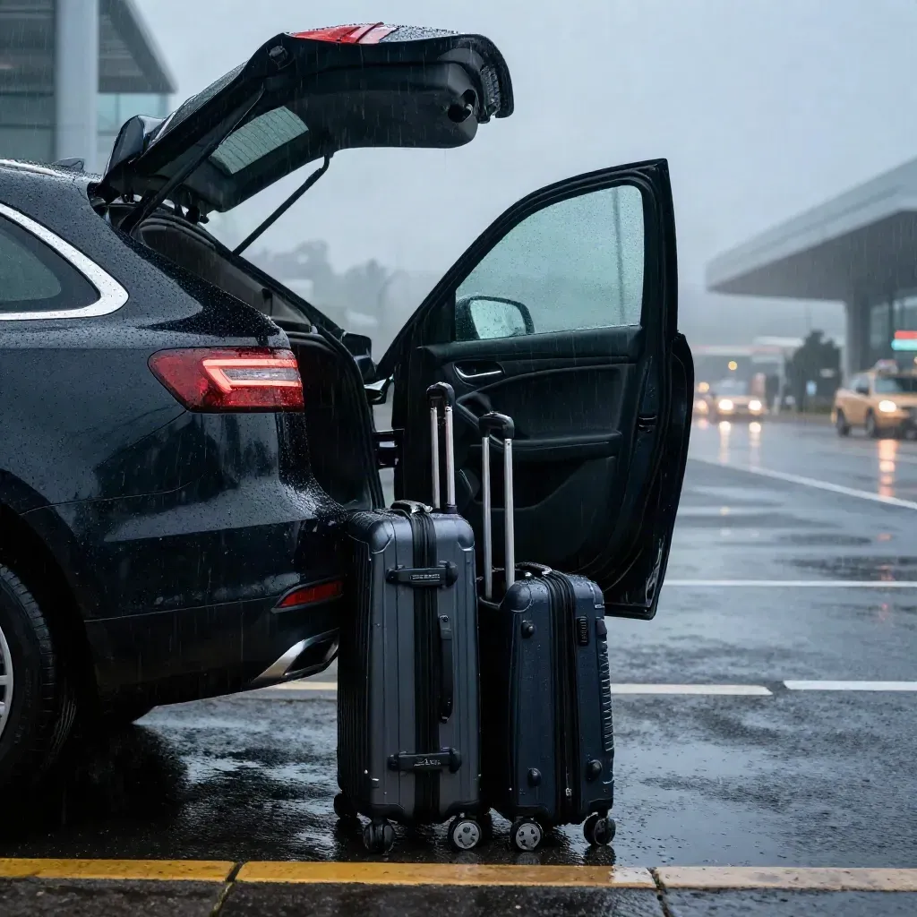 Black airport saloon with open boot and luggage in rainy dawn light at a terminal curb.