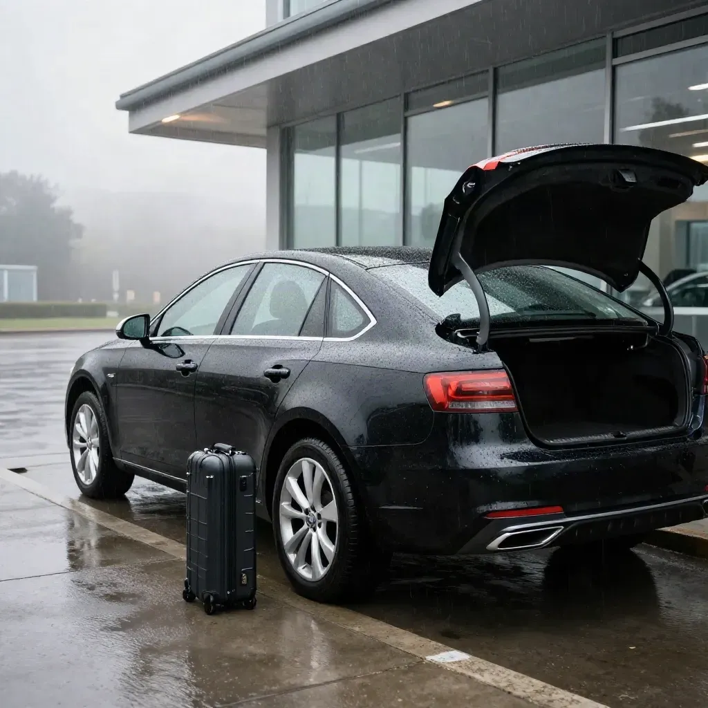 Black saloon with open boot and two cases at a rainy airport arrivals curb, terminal glass reflected in paint.