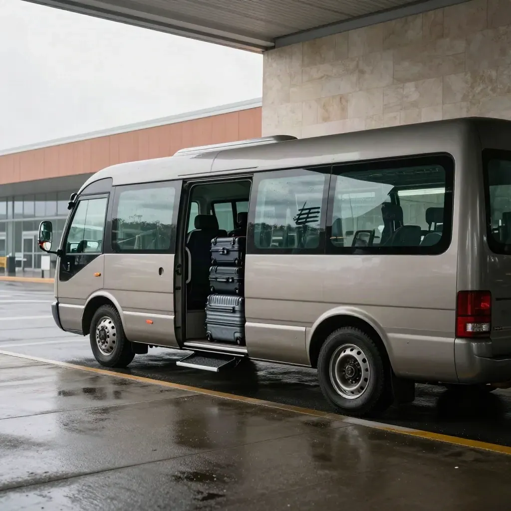 Airport minibus beside a terminal wall with stacked cases and a folded ramp.
