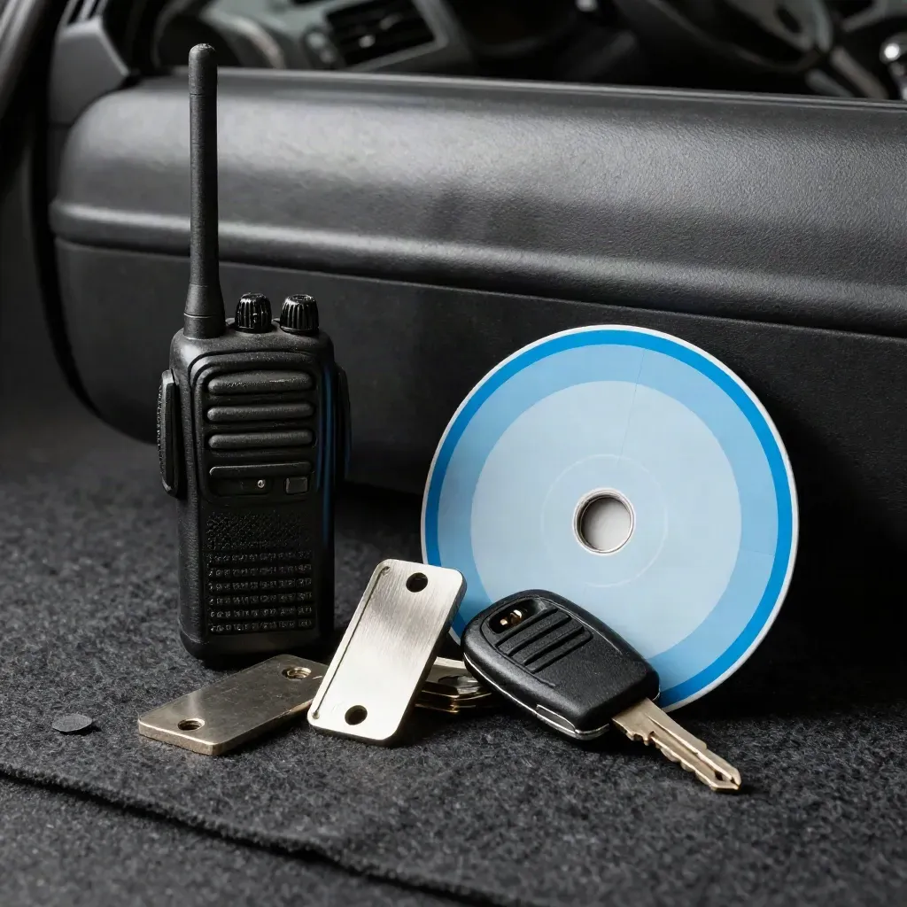 Radio, tokens, key fob, and route disc stacked on dark felt in dramatic light.