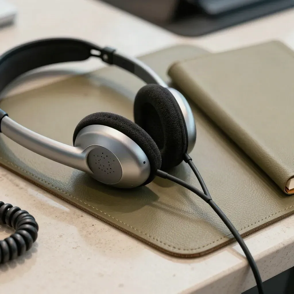 Macro of headset earpiece, handset cradle, coiled cable and leather desk mat on stone counter