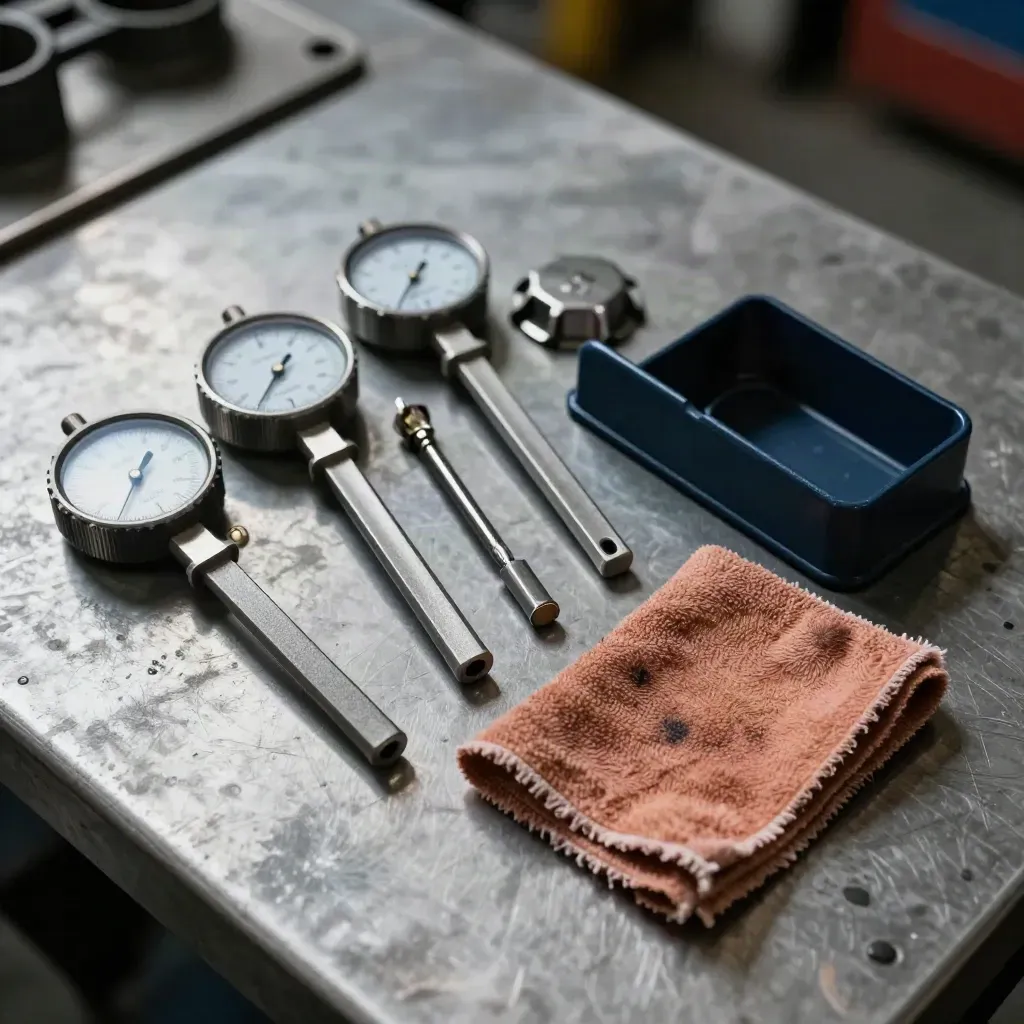 Tyre gauges, fuel cap, service tag holder and cloth on a steel workshop bench