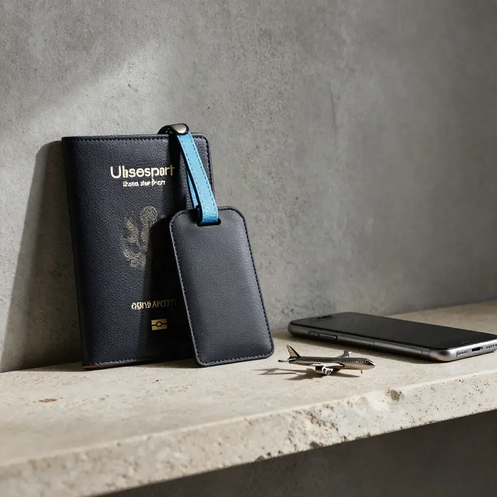 Passport holder, luggage tag, phone and aircraft token on stone, softly lit from the side.