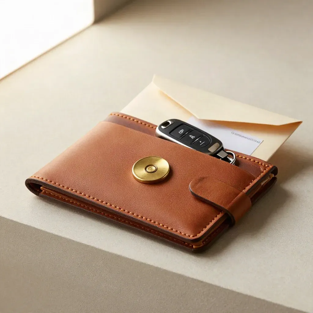 Tan leather wallet, brass token, car key and face-down fare envelope on a pale plaster surface.