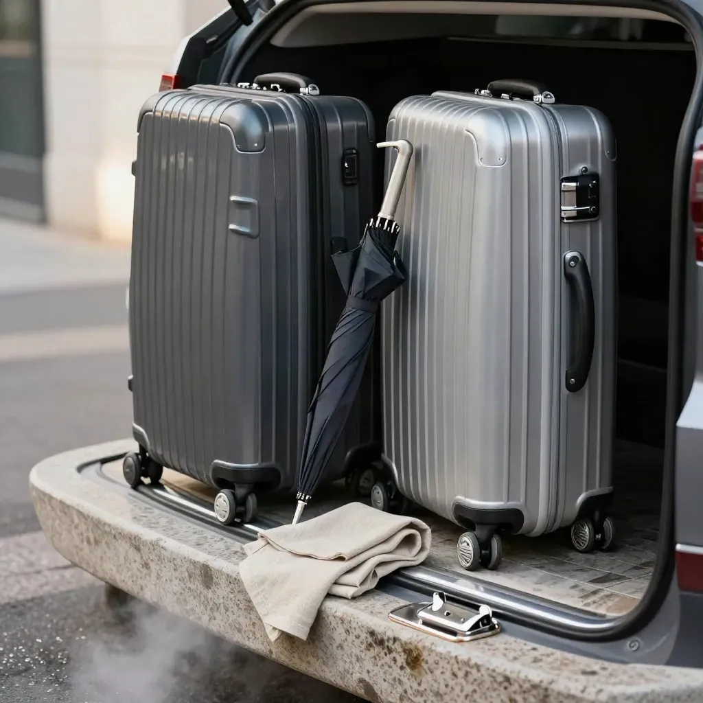 Open boot with two suitcases, compact umbrella, and silver latch on pale stone in damp mist.