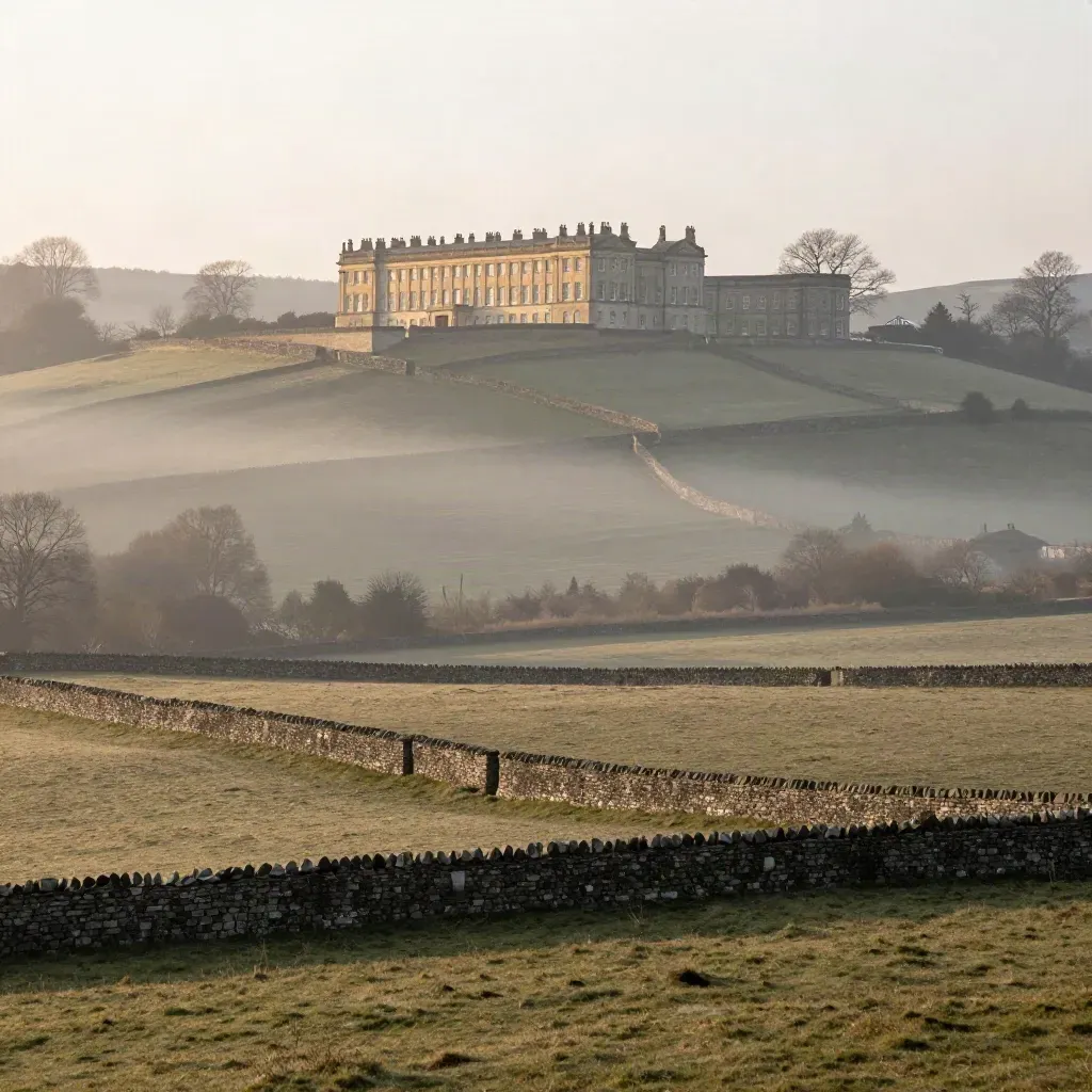 Bath stone terraces above misty Somerset hills and calm fields at dawn.