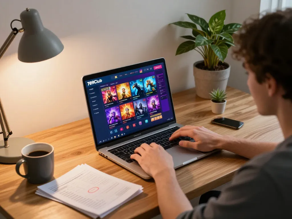 Player enjoying 789club games on a laptop in a cozy home office, illustrating responsible gaming