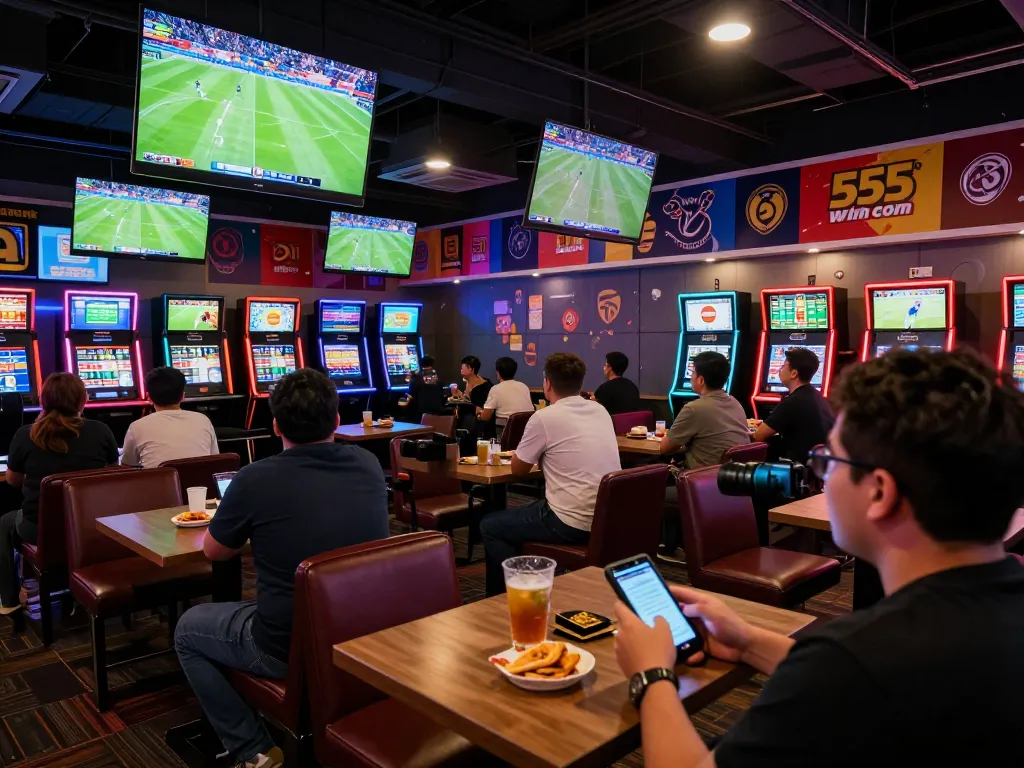 Engaged bettor using mobile app on 555win com to place bets during live sports event.