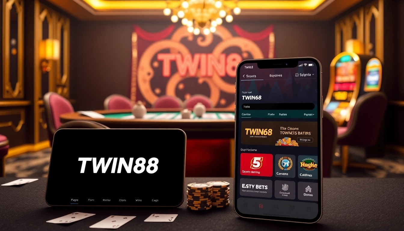 TWIN68 gaming interface with luxurious poker chips, cards, and vibrant slot machines