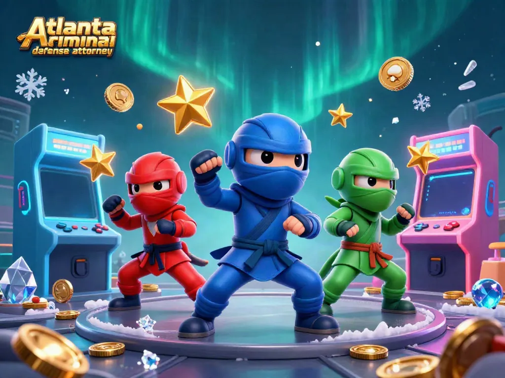 Vibrant scene of Atlanta criminal defense attorney showcased with colorful arcade themes and chameleon ninjas.