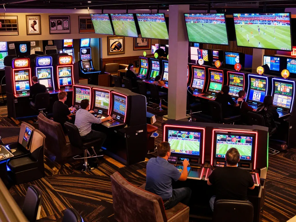 Engaged bettors at mm88.green's sports betting area analyzing live odds and placing wagers with excitement.