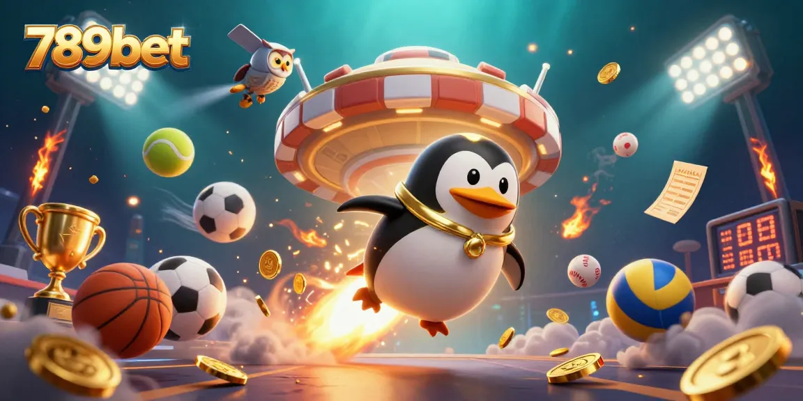 Engage with 789bet's vibrant gaming world featuring a fun 3D penguin and casino-themed elements.