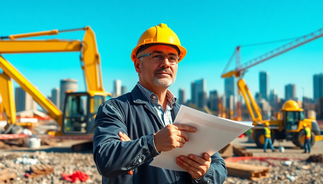 New Jersey Construction Manager examining plans at a busy construction site, showcasing leadership and expertise.