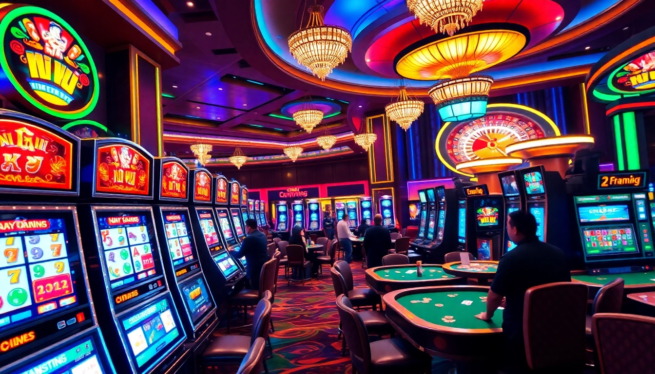Play nổ hũ at an opulent casino, featuring colorful slot machines and vibrant atmosphere.