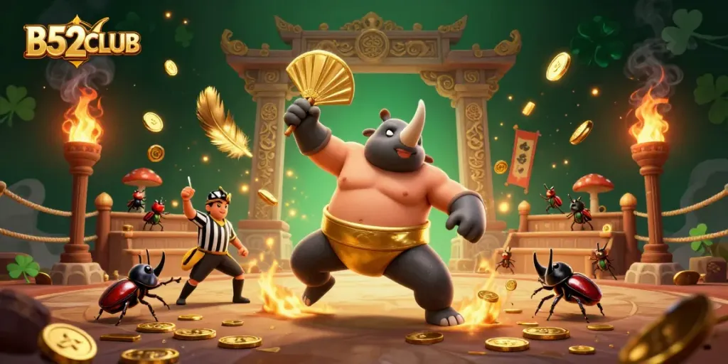 B52CLUB features a dynamic scene of a powerful beetle champion and cricket referee amidst a vibrant casino setting.
