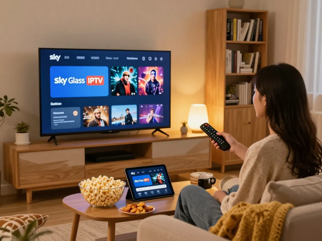 Sky Glass IPTV installation Guide showcasing a user enjoying streaming in a cozy living room.